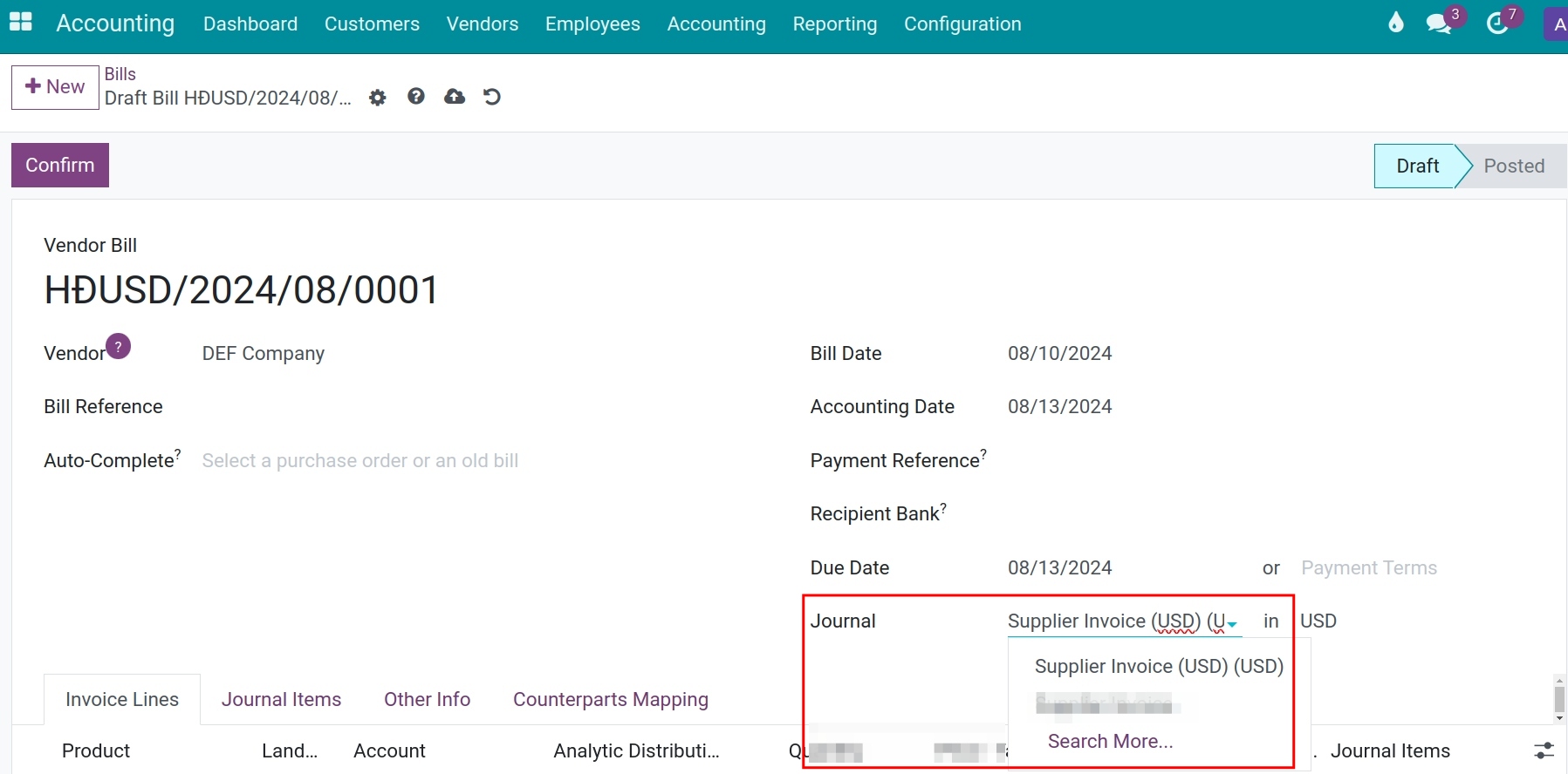 Choose the Journal in invoices Viindoo