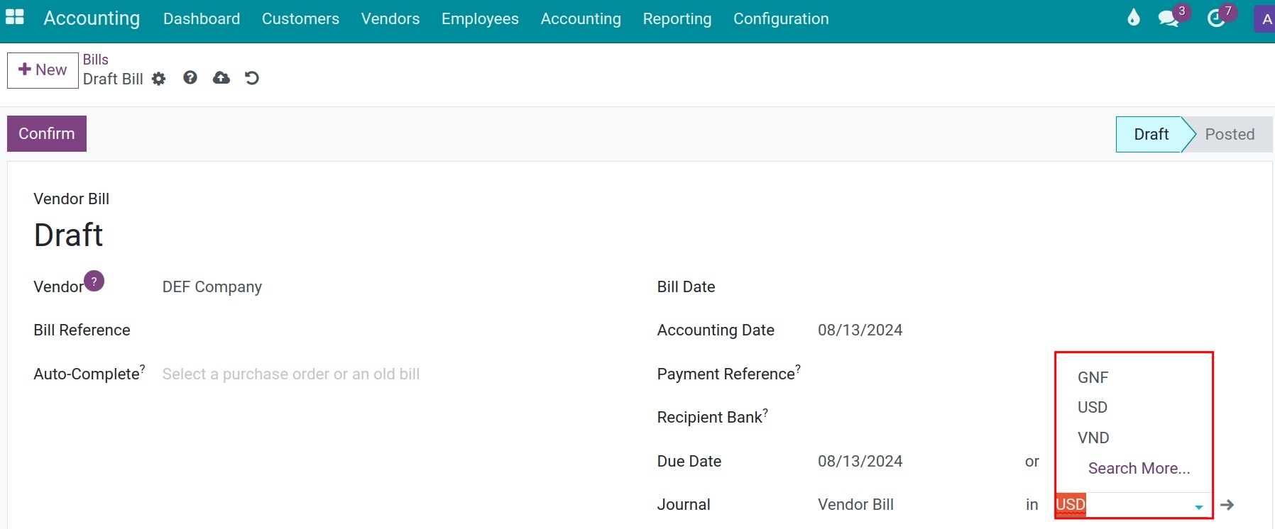 Choose the foreign currency at invoice form Viindoo
