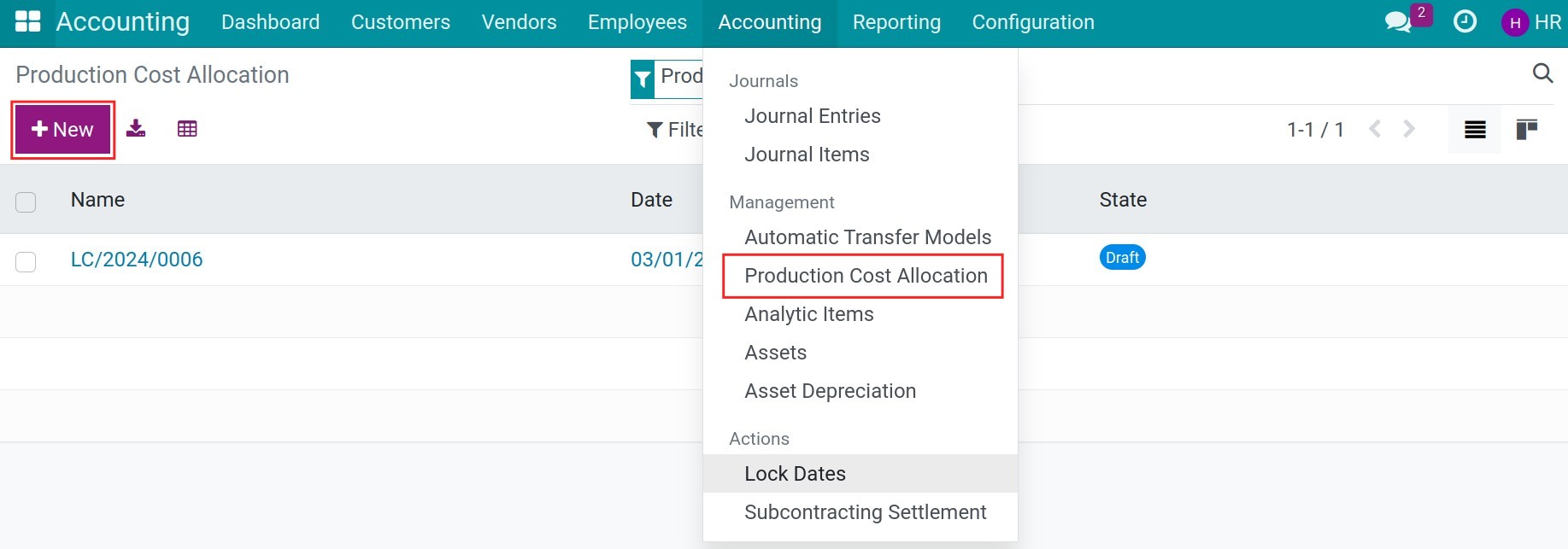 Create production cost allocation in Viindoo