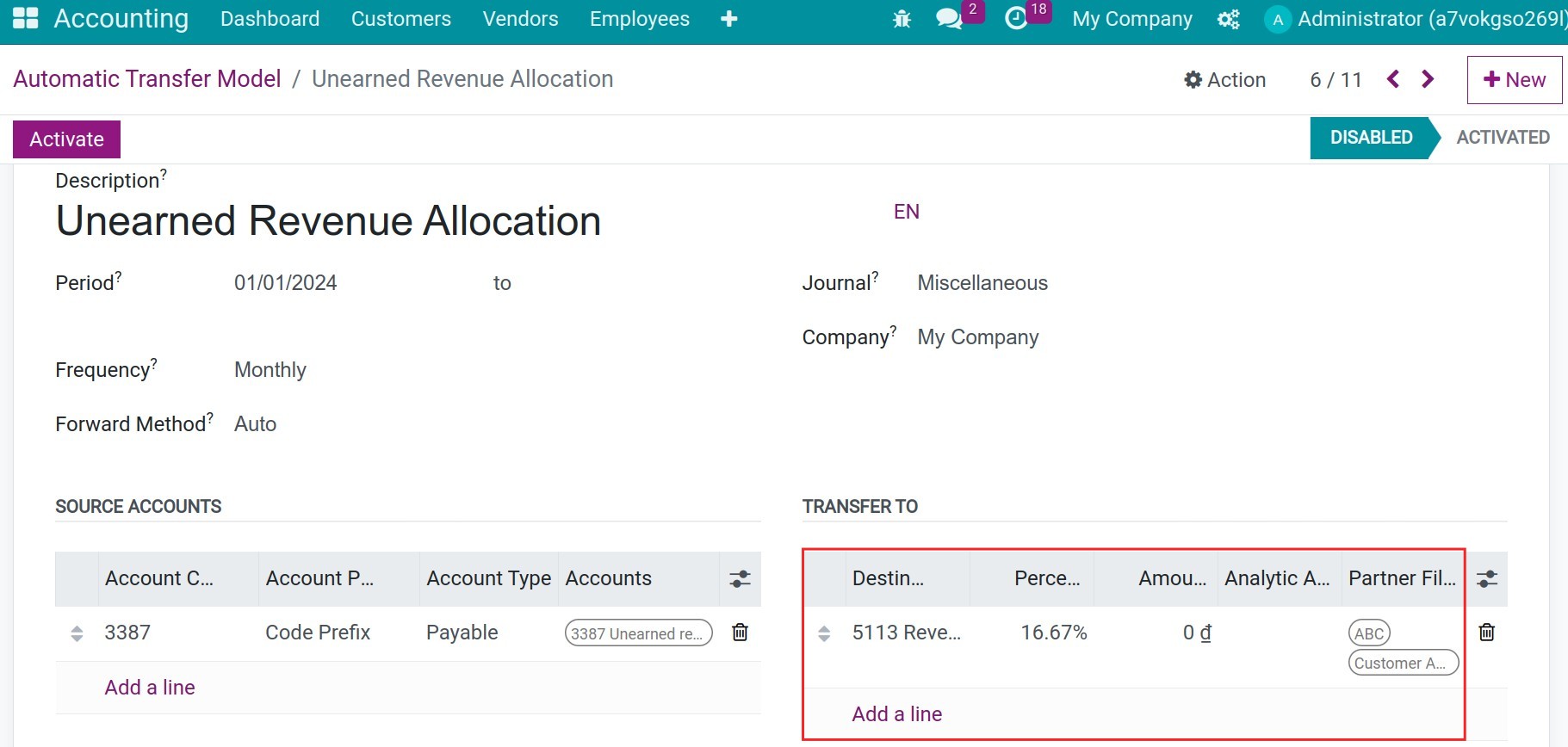 Configuration destination account - Viindoo Accounting