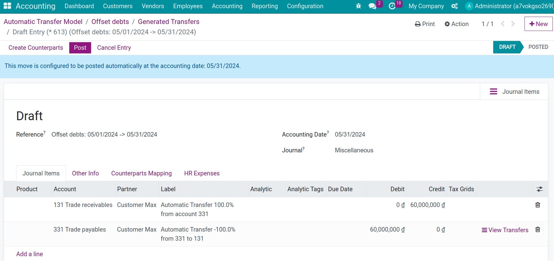Details of generated journal entries - Viindoo Accounting