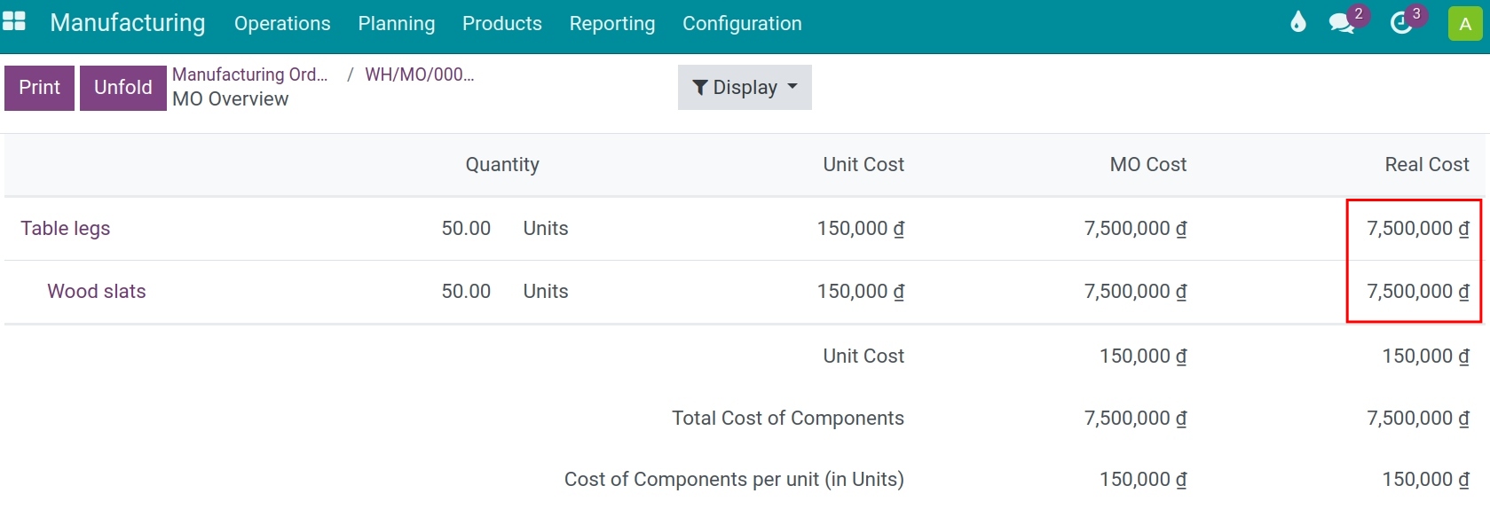 Direct materials cost after production in Viindoo