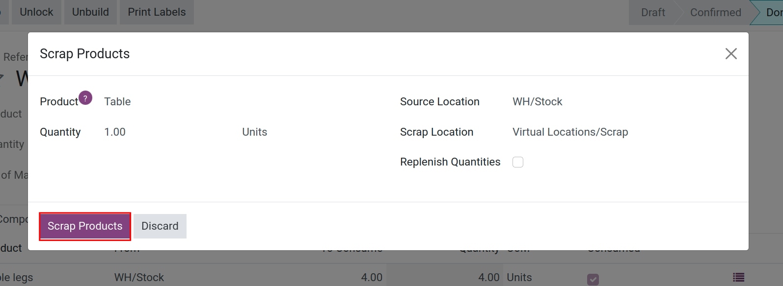 Record the scrap generated in Receipt