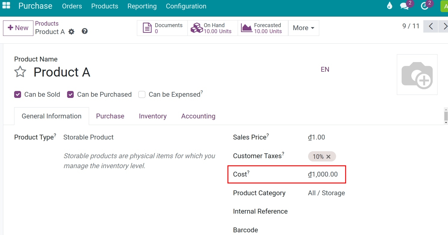 Product cost in Viindoo