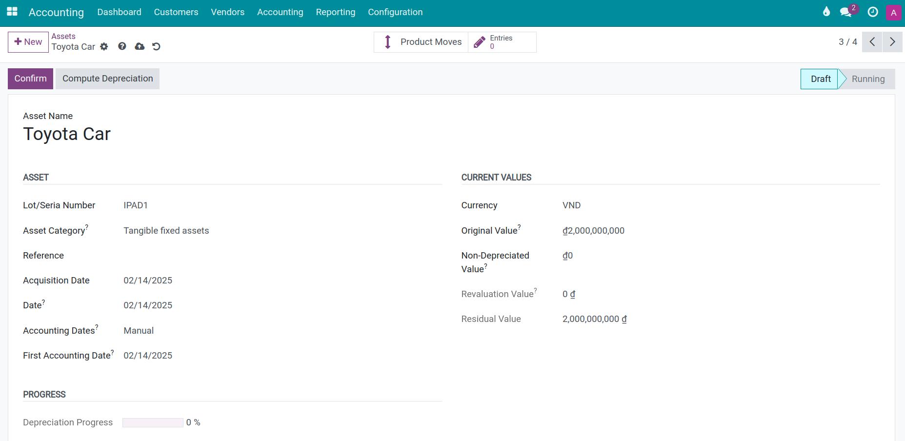 Assets view in Draft status in Viindoo.