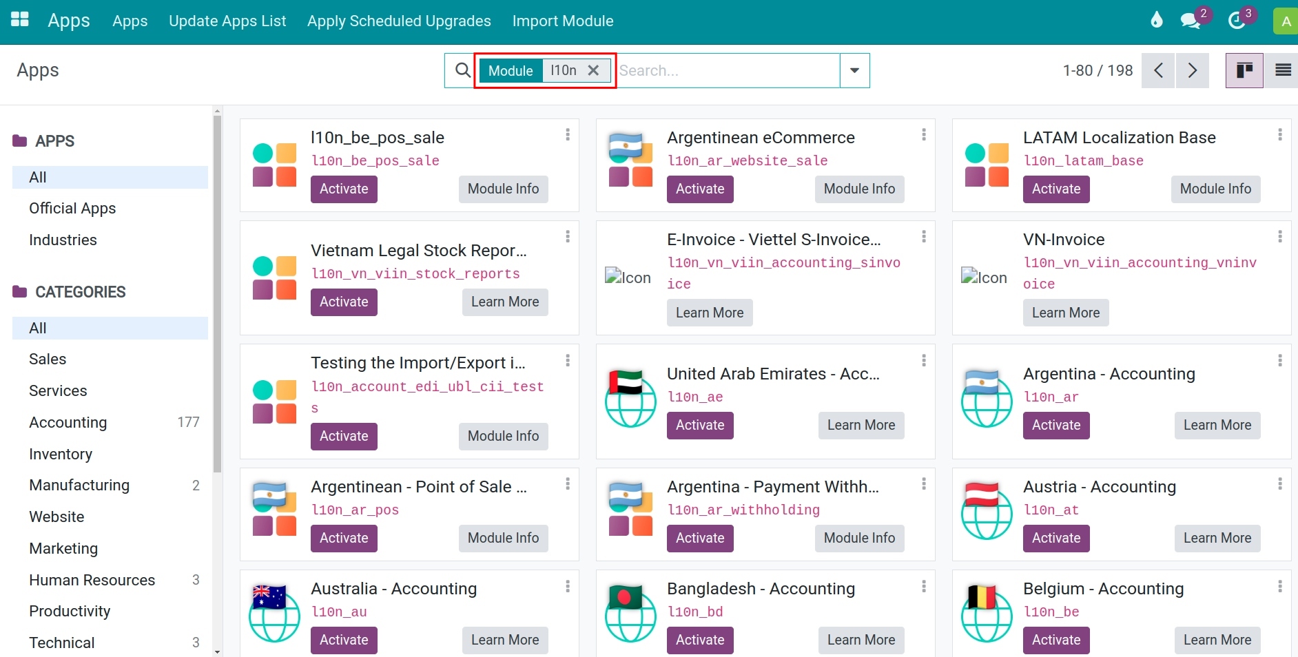 overview interface of accounting localization modules in Viindoo.