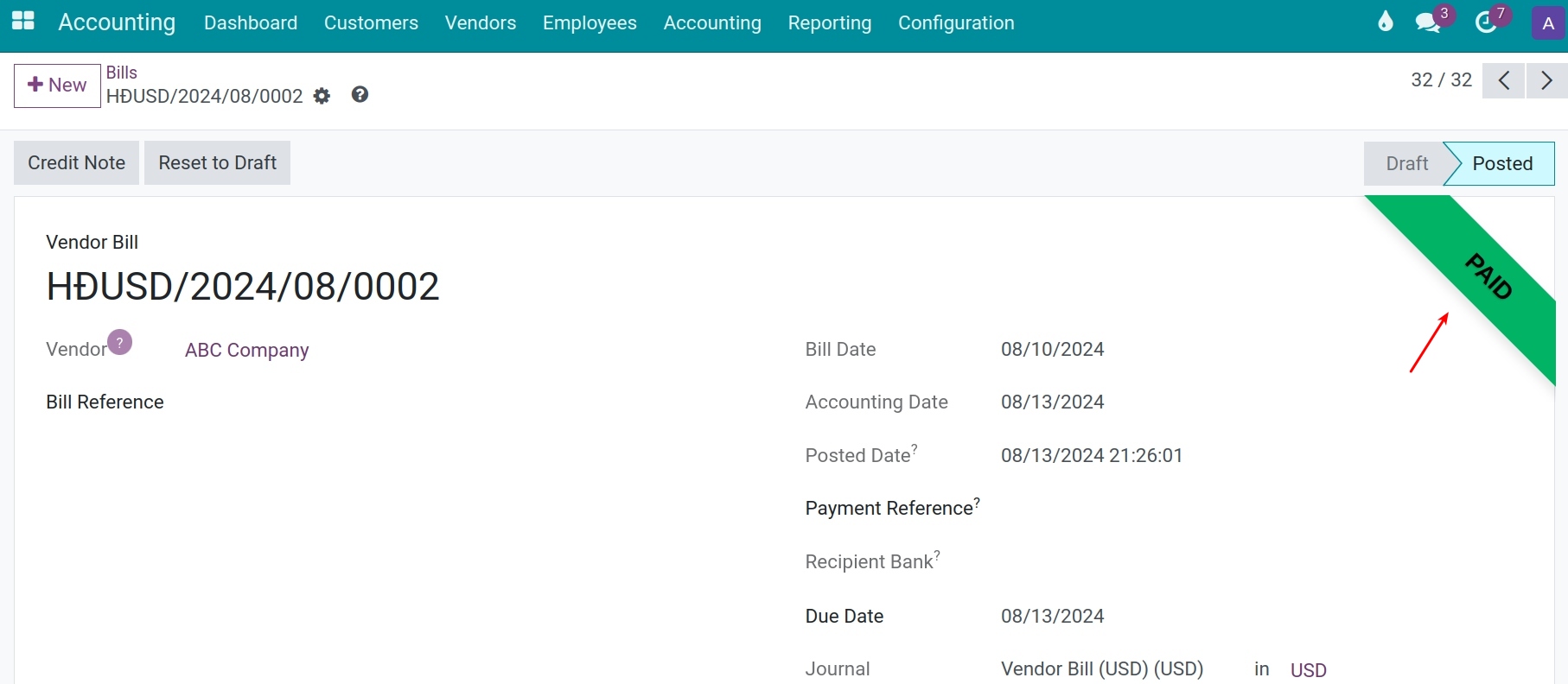 The paid payment by the main currency of company Viindoo