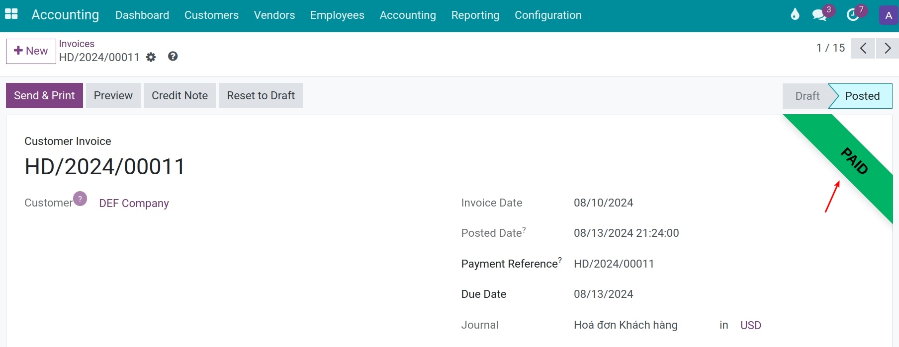 Customer's invoices in Paid status Viindoo
