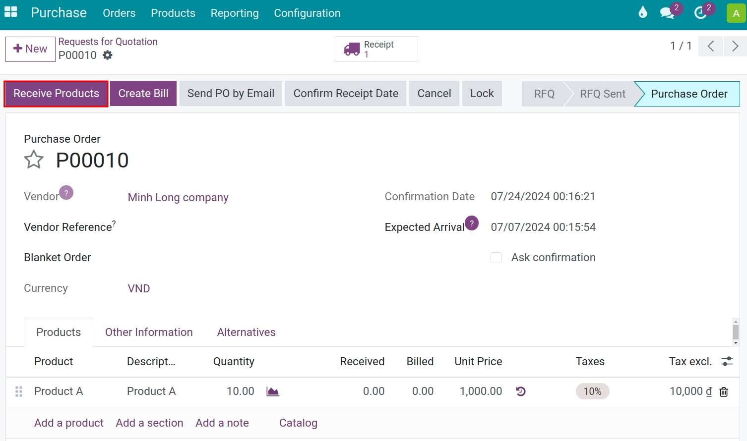 Receiving products in storage location Viindoo
