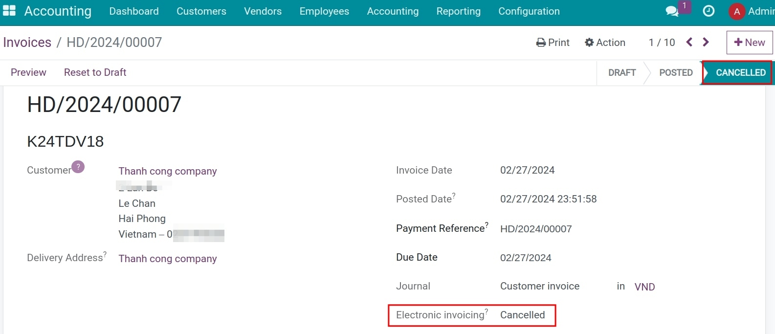 Cancelled e-invoice status in Viindoo