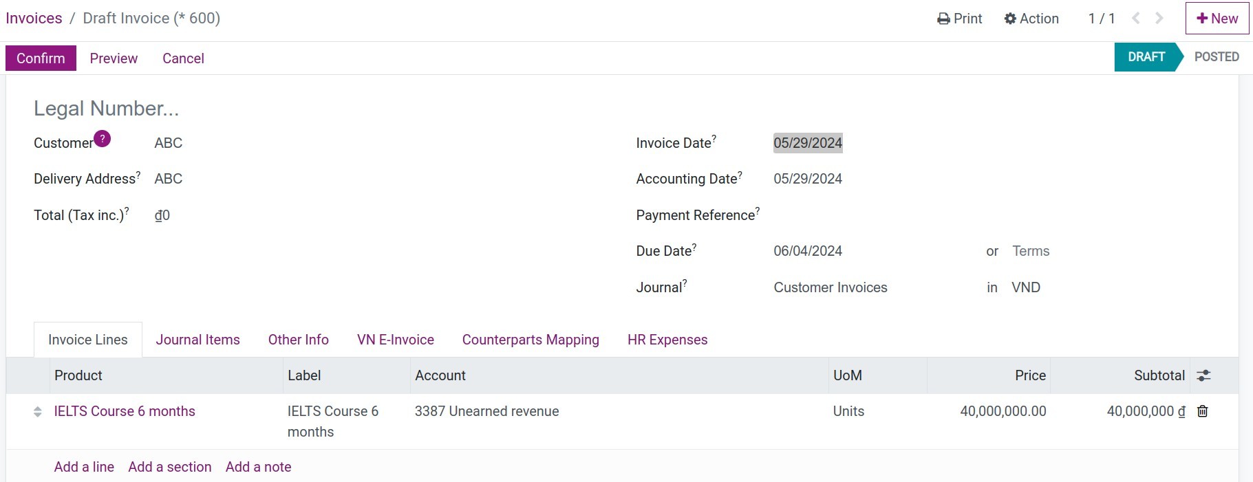 Record the invoices of unearned revenue