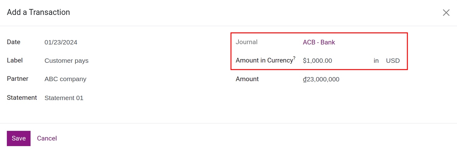 Foreign currency on a bank statement in Viindoo
