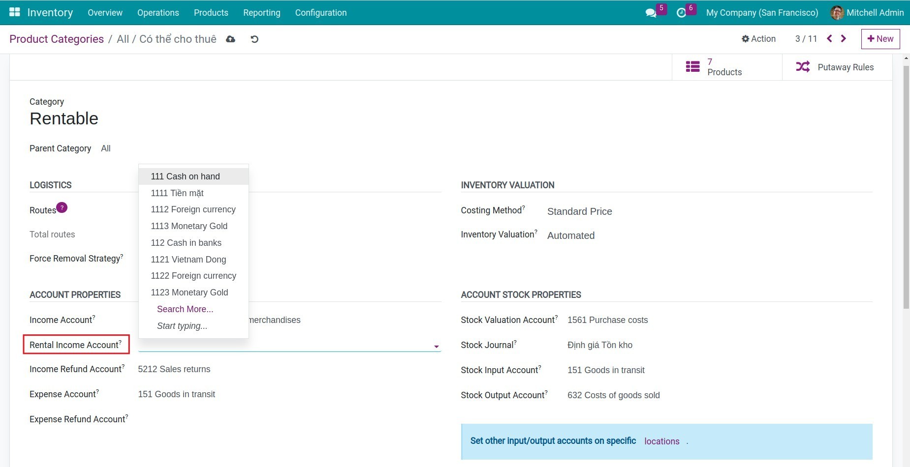 Rental Income Account in Product Categories