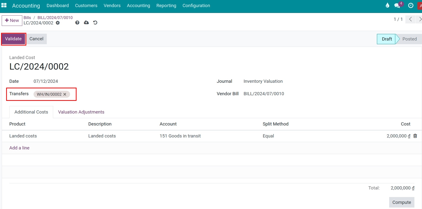 Confirmation of landed costs allocation