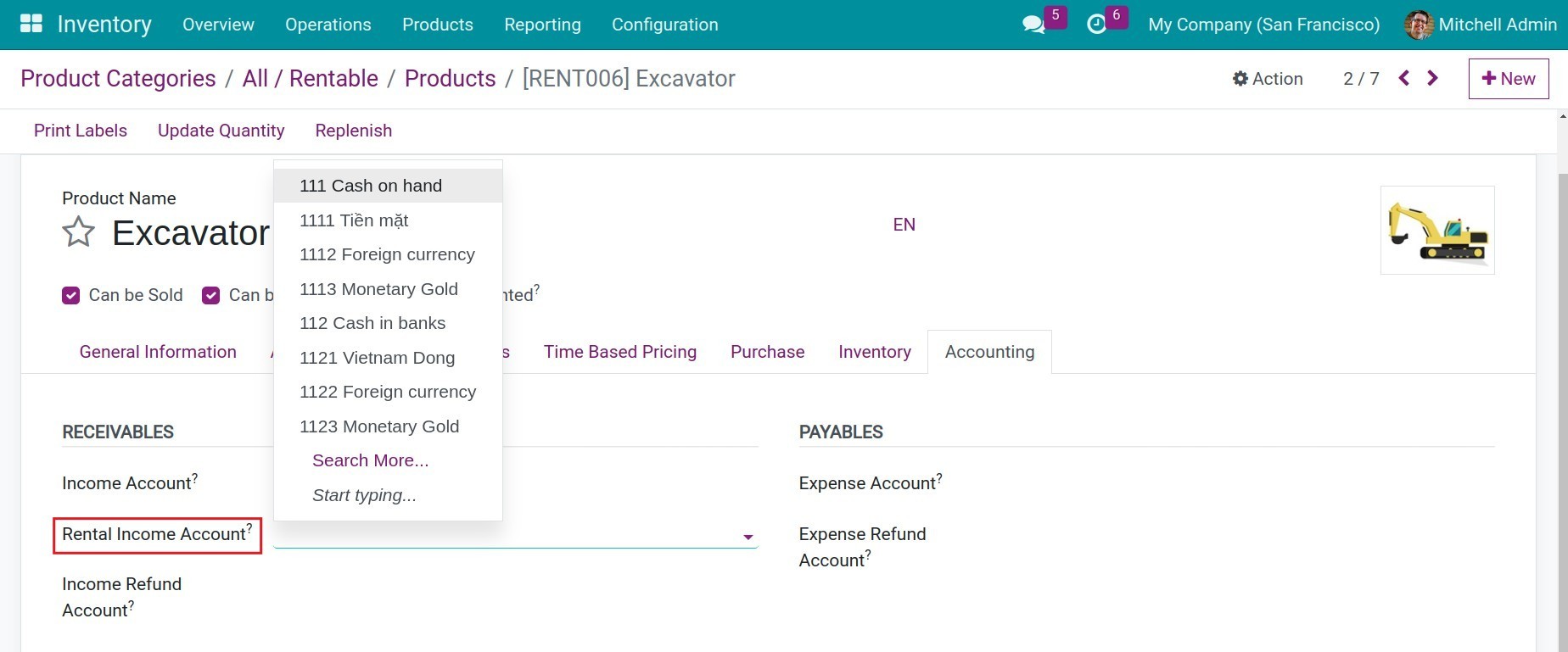 Rental Income Account in Product interface
