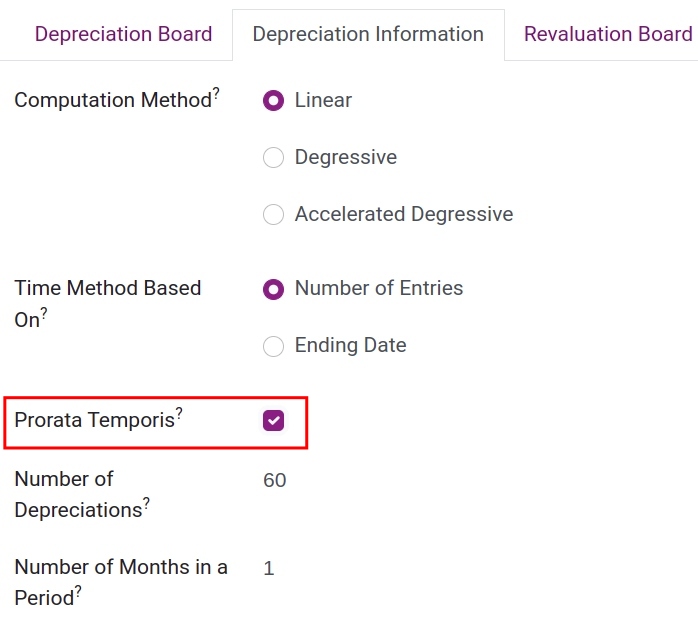 Depreciation Information tab when Prorata Temporis is ticked.