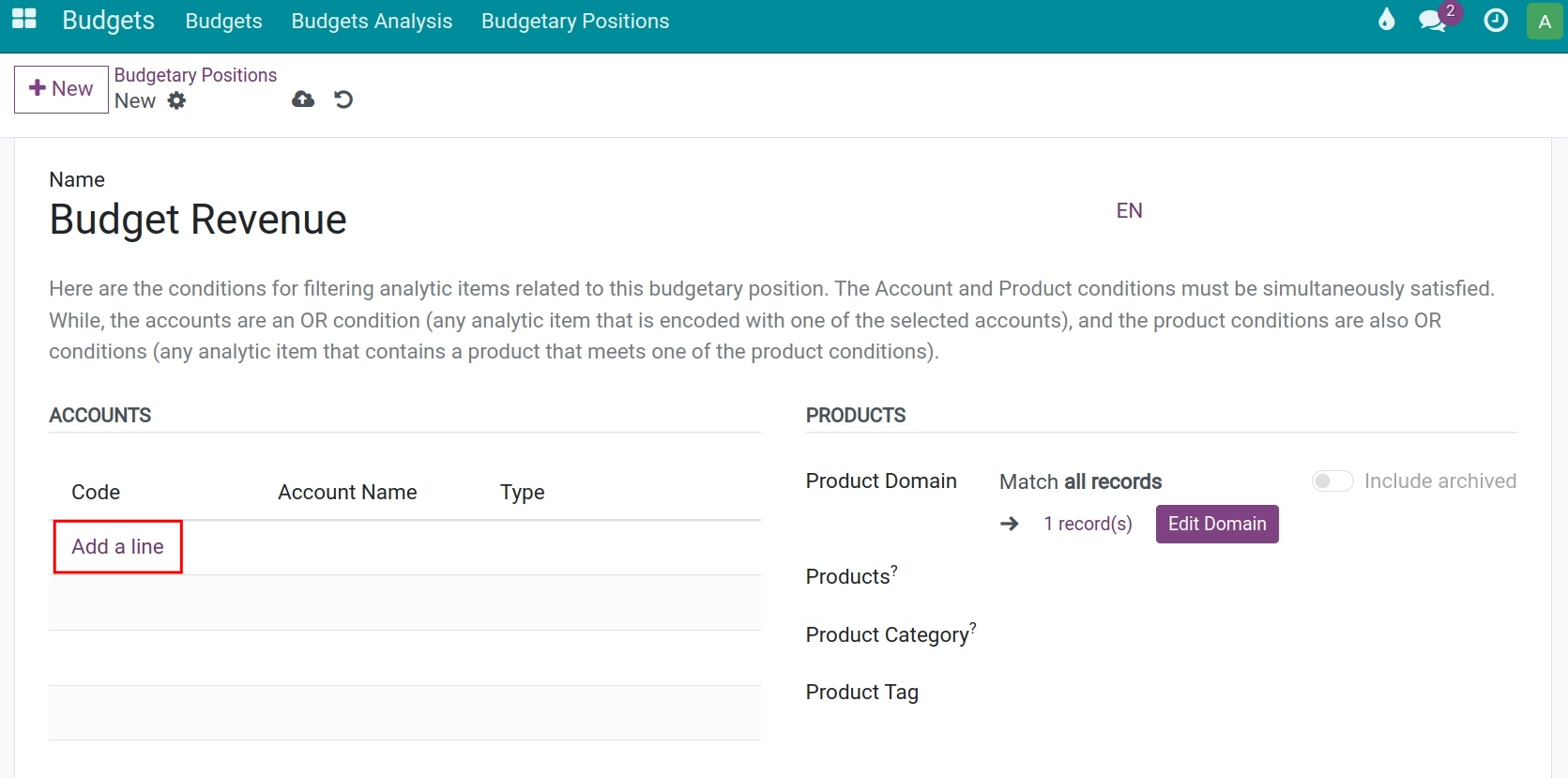 Create budgetary position Viindoo