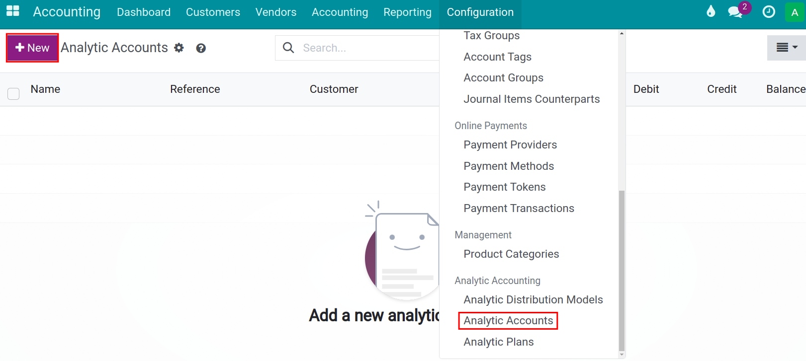 Create an analytic account Viindoo