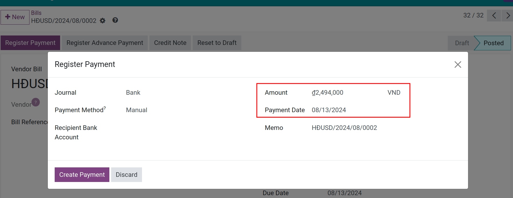 Doing a payment for vendor bills by the main currency of company Viindoo