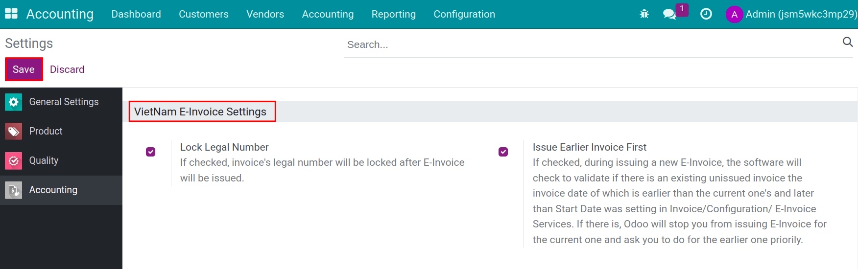 Viindoo E-Invoice settings