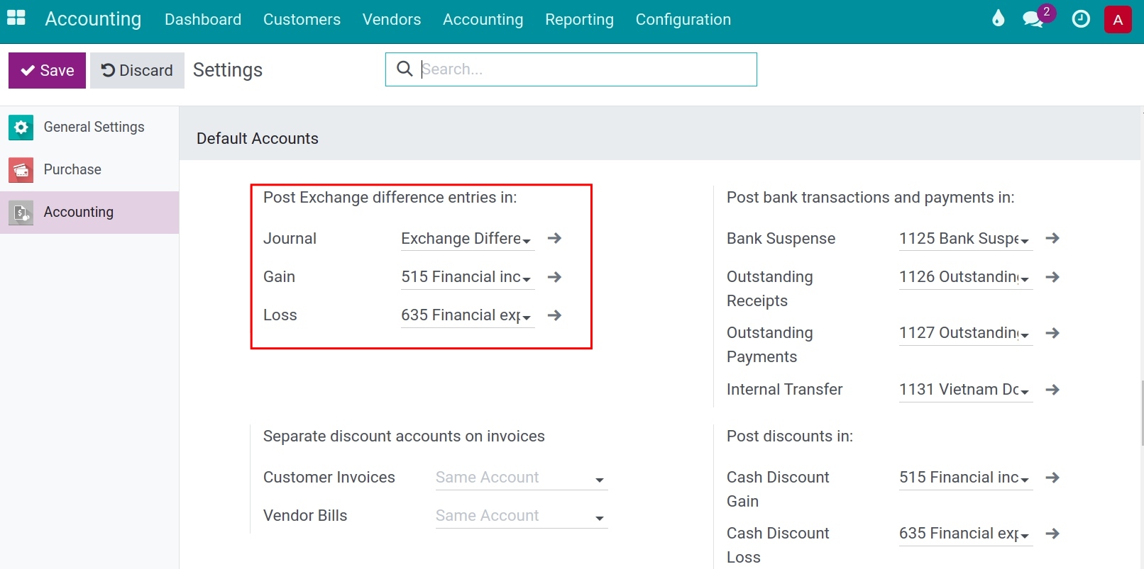Configuration for exchange difference entries in Viindoo