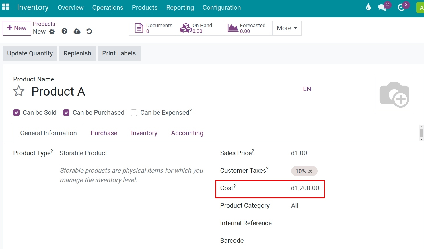 Set up standard price for a product in Viindoo