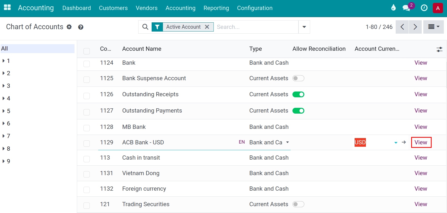 Configure foreign currency on an accounting account in Viindoo