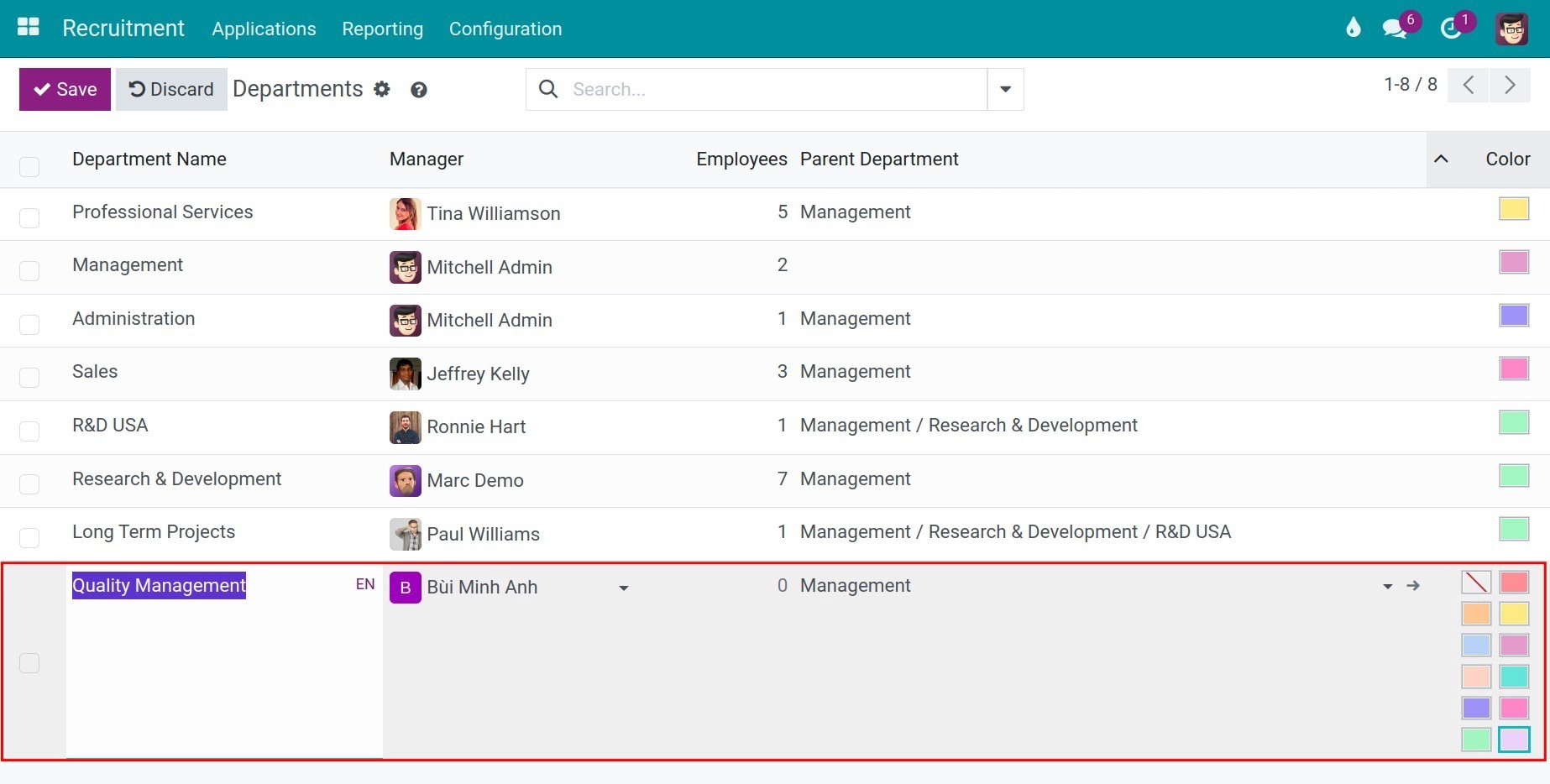 Interface of Departments in Viindoo