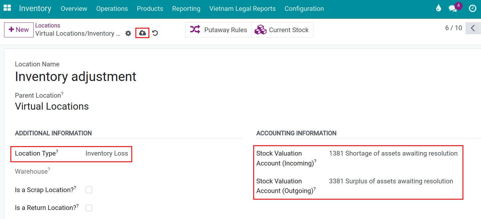 Configuring accounting accounts for storage location in Viindoo