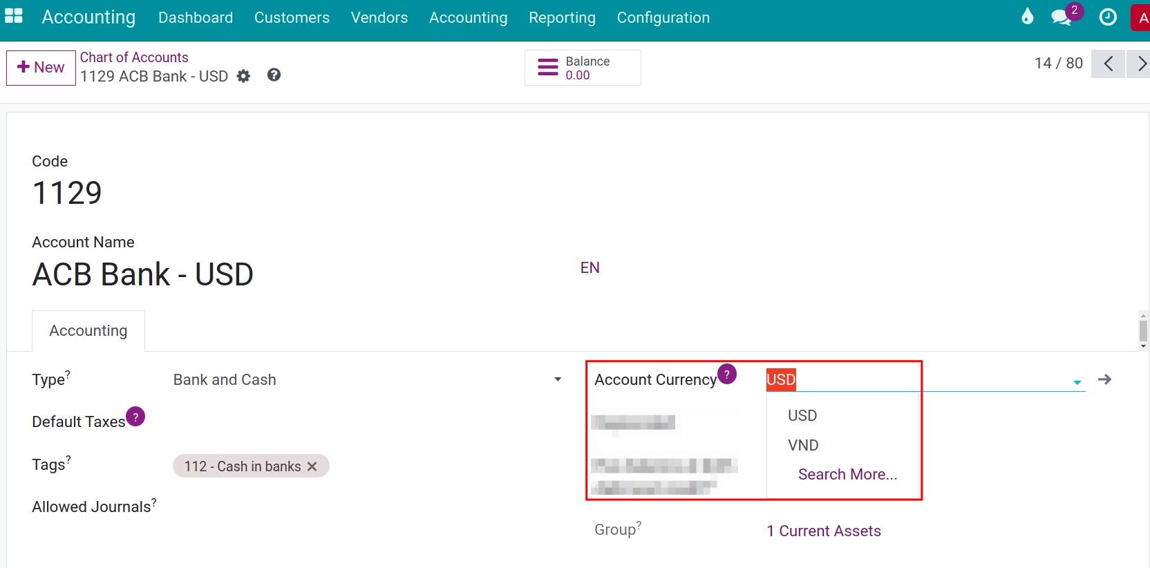 Set up account currency in Viindoo Accounting app