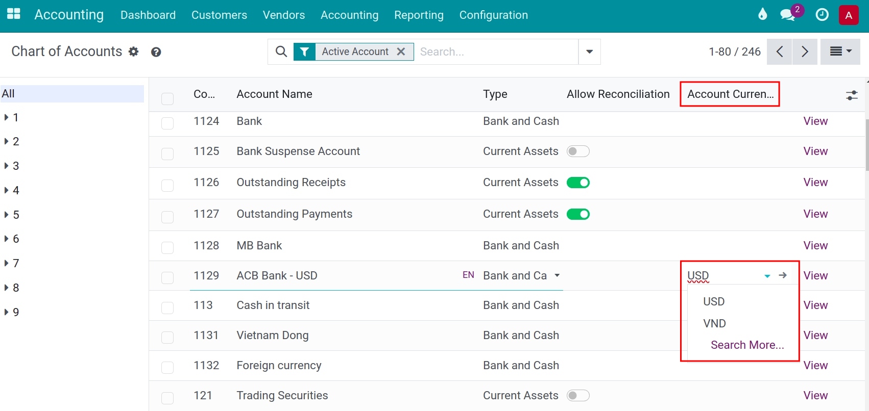 Currency settings on an accounting account in Viindoo