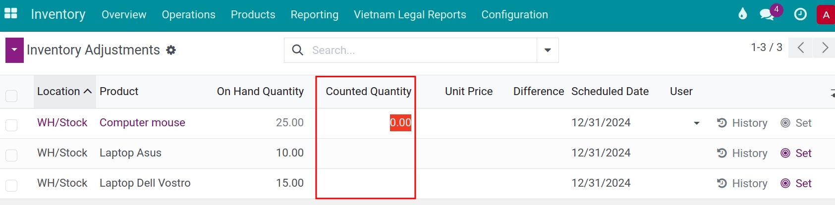 Inventory adjusment details in Viindoo