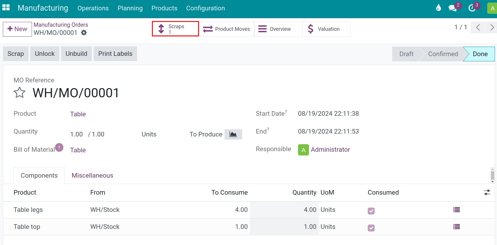 The accounting entry records the scrap generated in Receipts in Viindoo