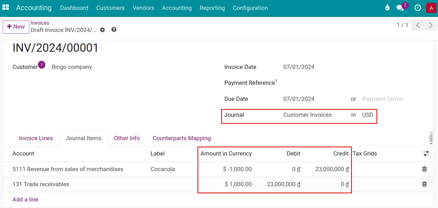 Currencies related fields on a customer invoice in Viindoo