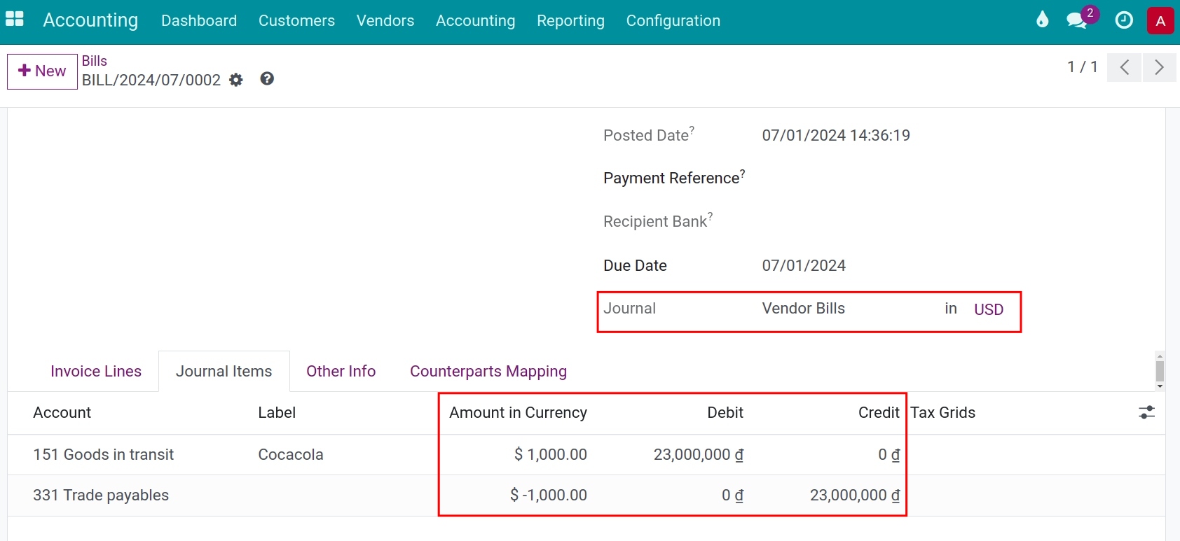 Currencies related fields on a vendor bill in Viindoo