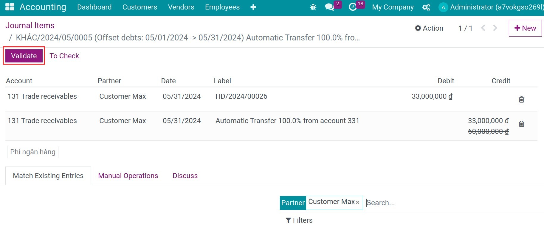 Validate reconciles debts - Viindoo Accounting
