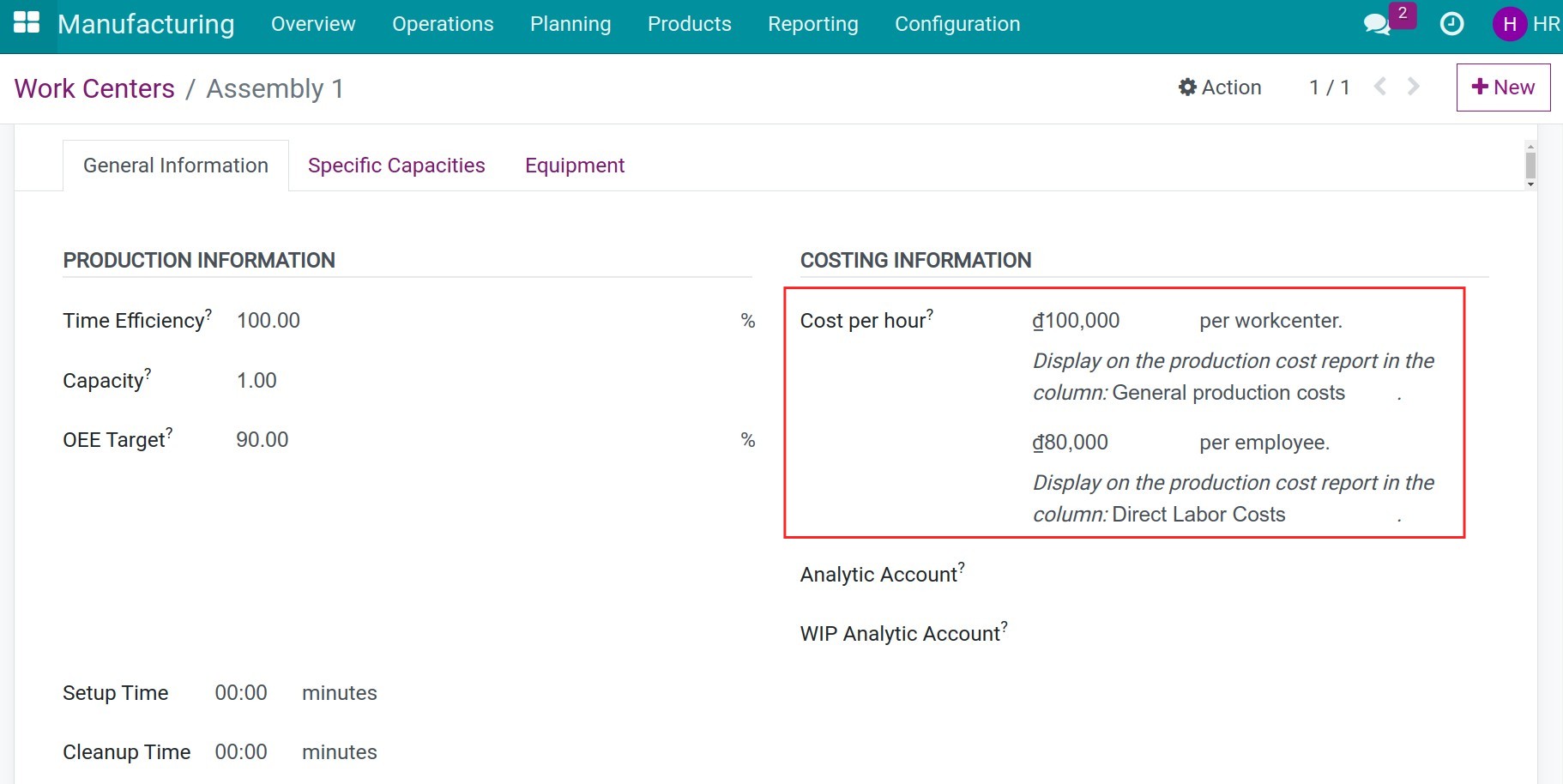 Work center configuration details