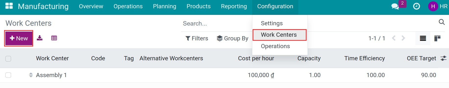 Work center configuration