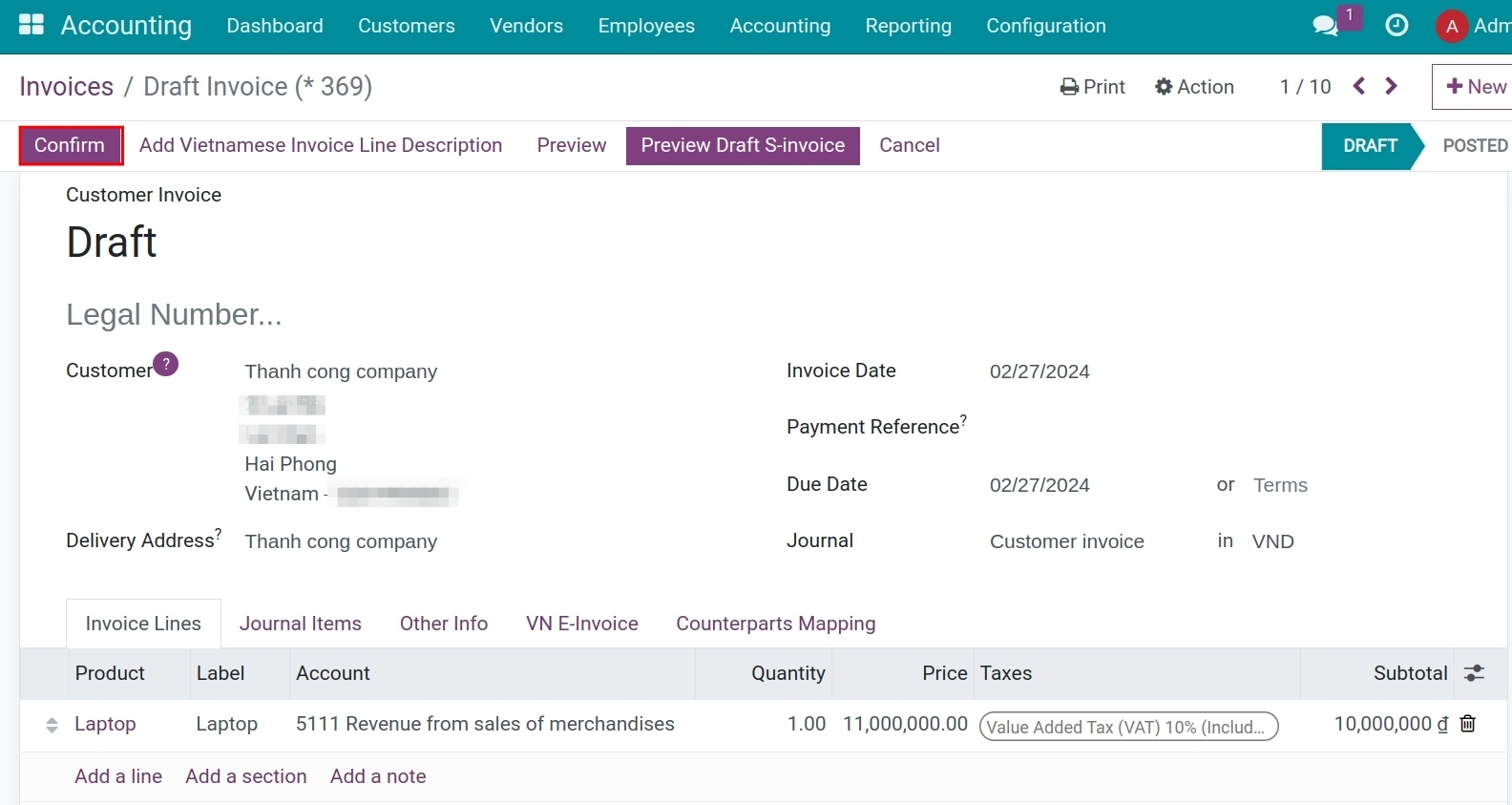 Confirm a customer invoice in Viindoo