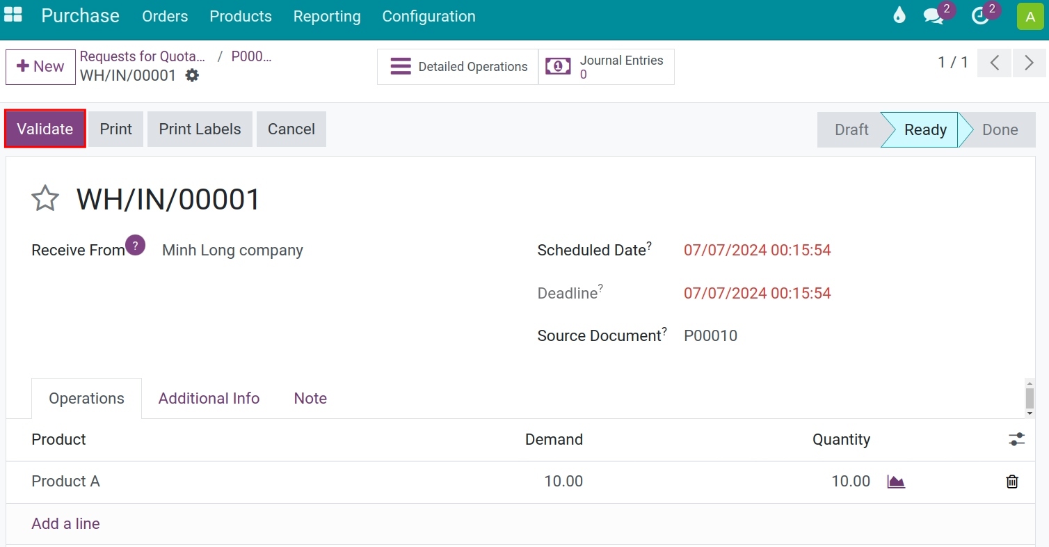 Validate the goods receipts transfer in Viindoo