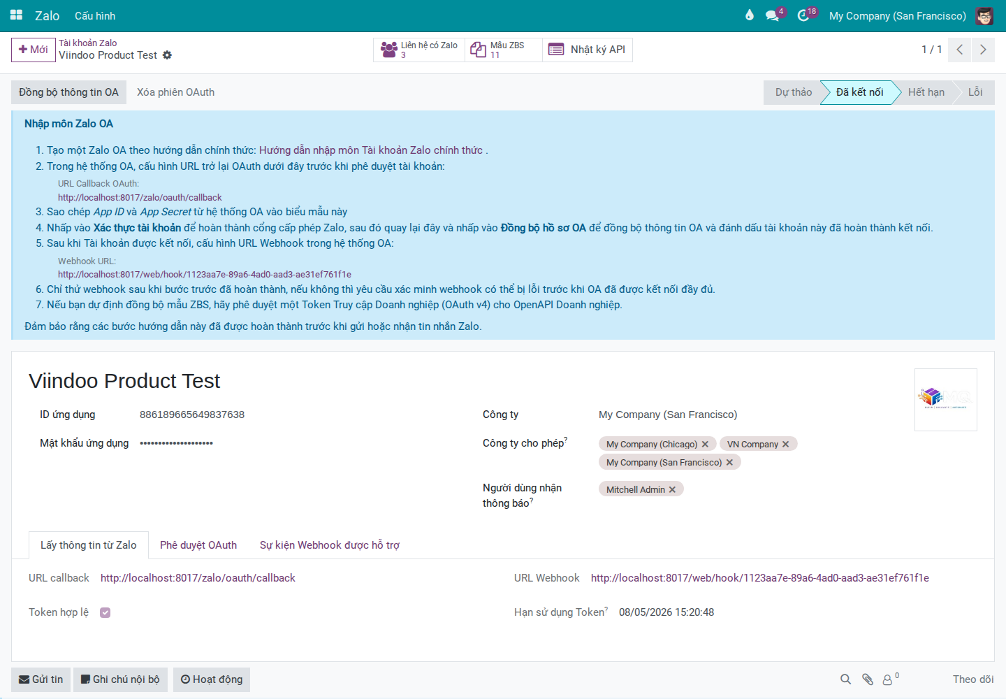 OAuth Authorization tab showing Callback URL and Webhook URL for configuration in Zalo OA console