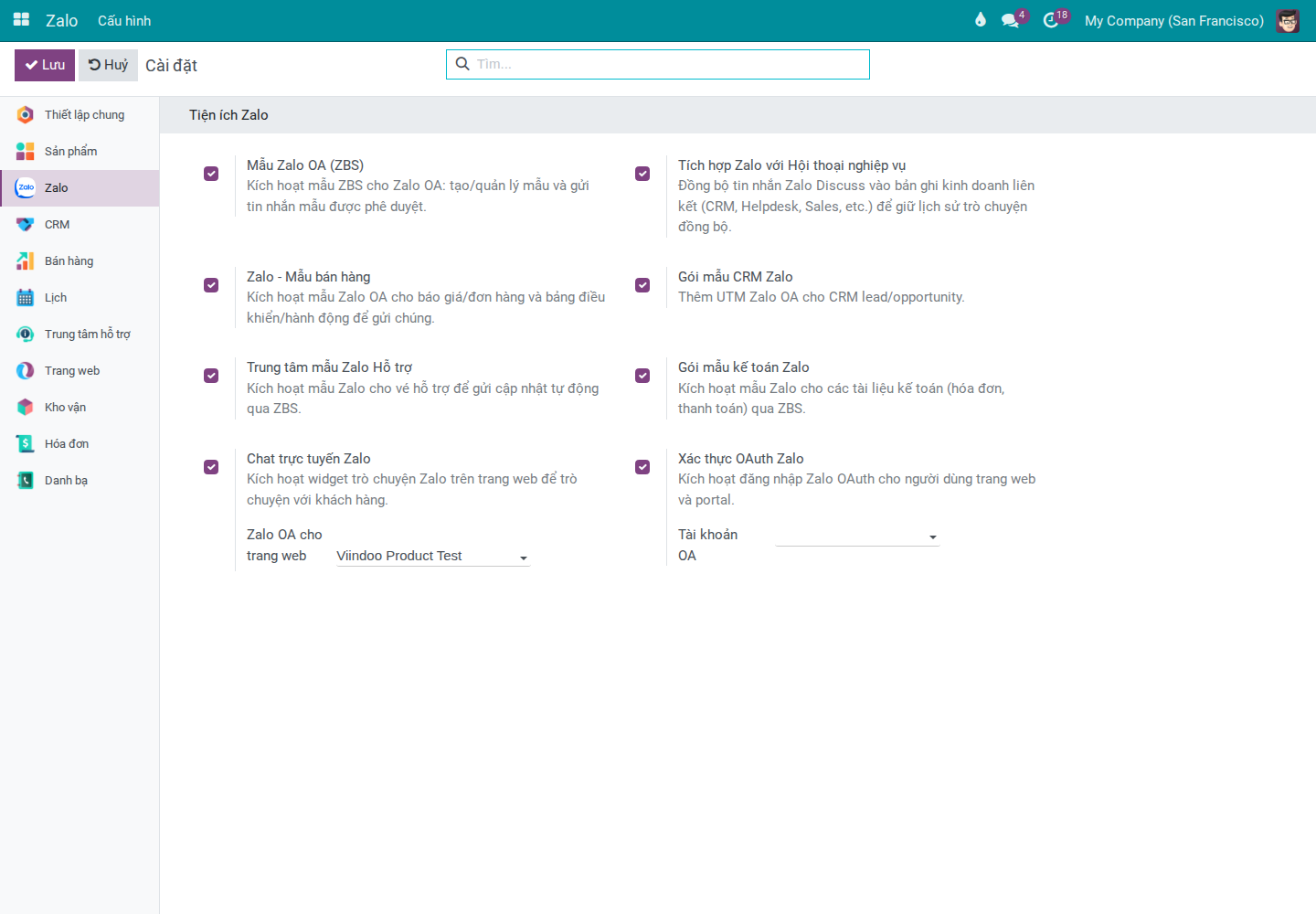 Zalo Settings screen — Zalo Extensions section showing list of extension modules and on/off status