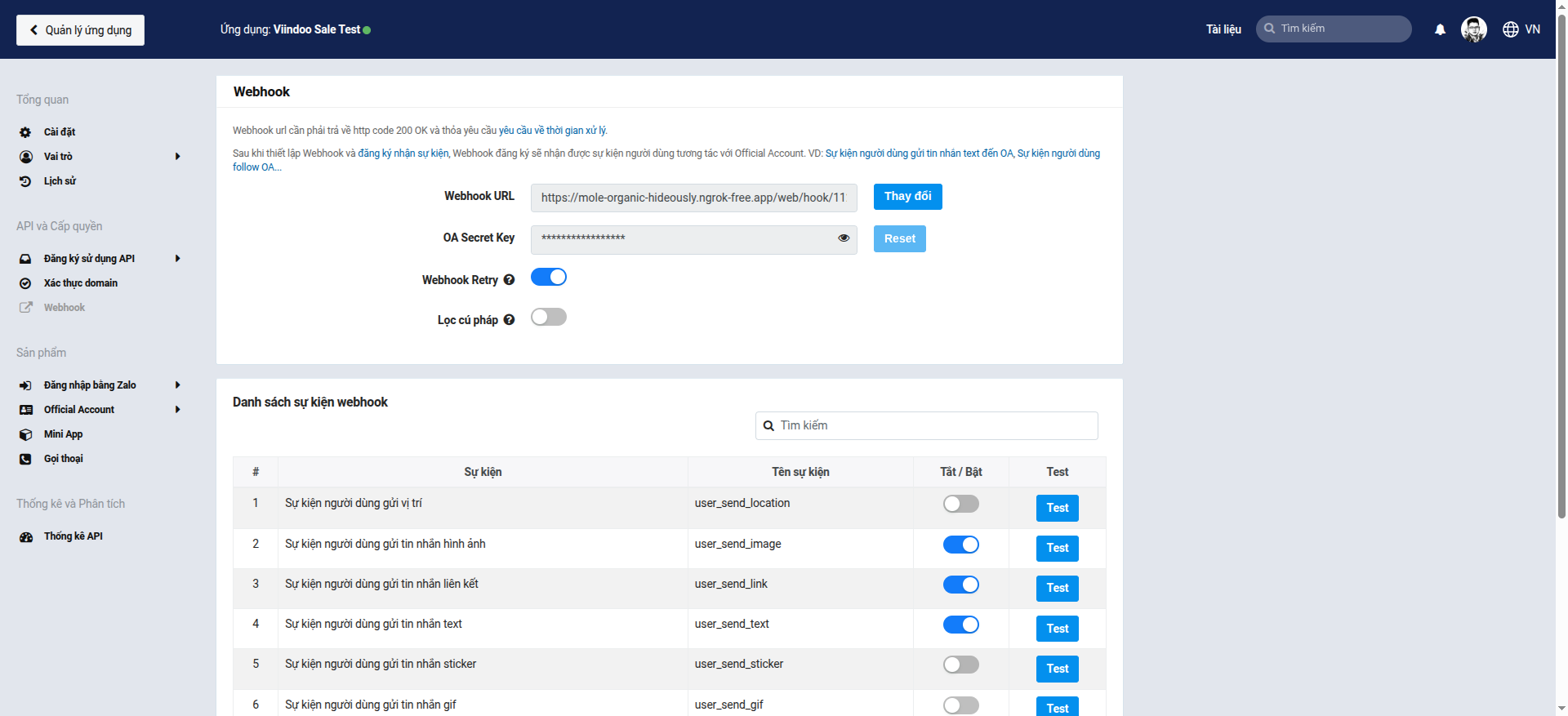 Zalo OA Console Webhook section showing Webhook URL and list of webhook events that can be toggled and tested
