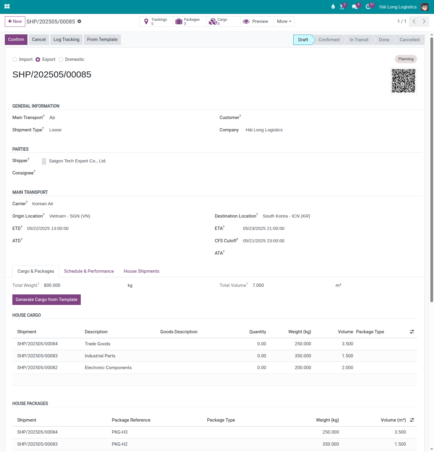 Master air export shipment in Draft status with multiple house shipments linked on the same route, ready for airline booking.
