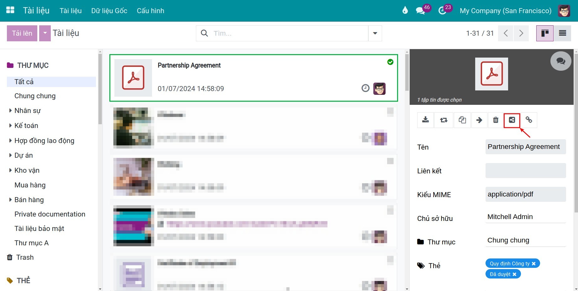 Nút chia sẻ tài liệu trên Viindoo