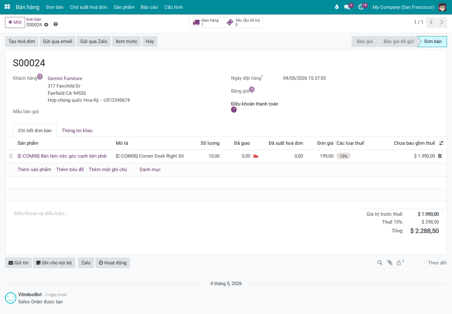 Header đơn bán có nút Gửi qua Zalo cạnh nút Gửi qua email