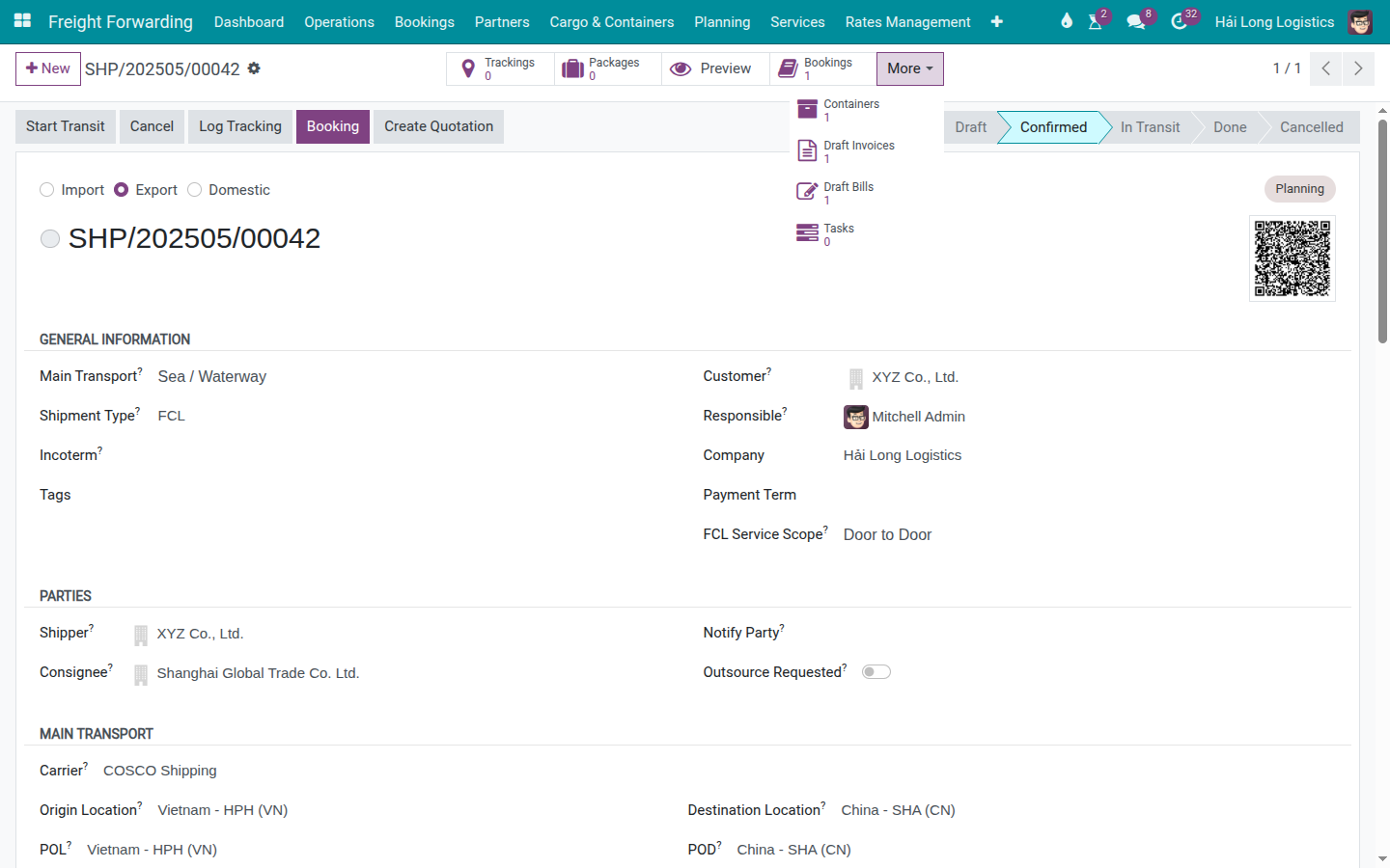 Export shipment showing the Containers smart button to open the container list.