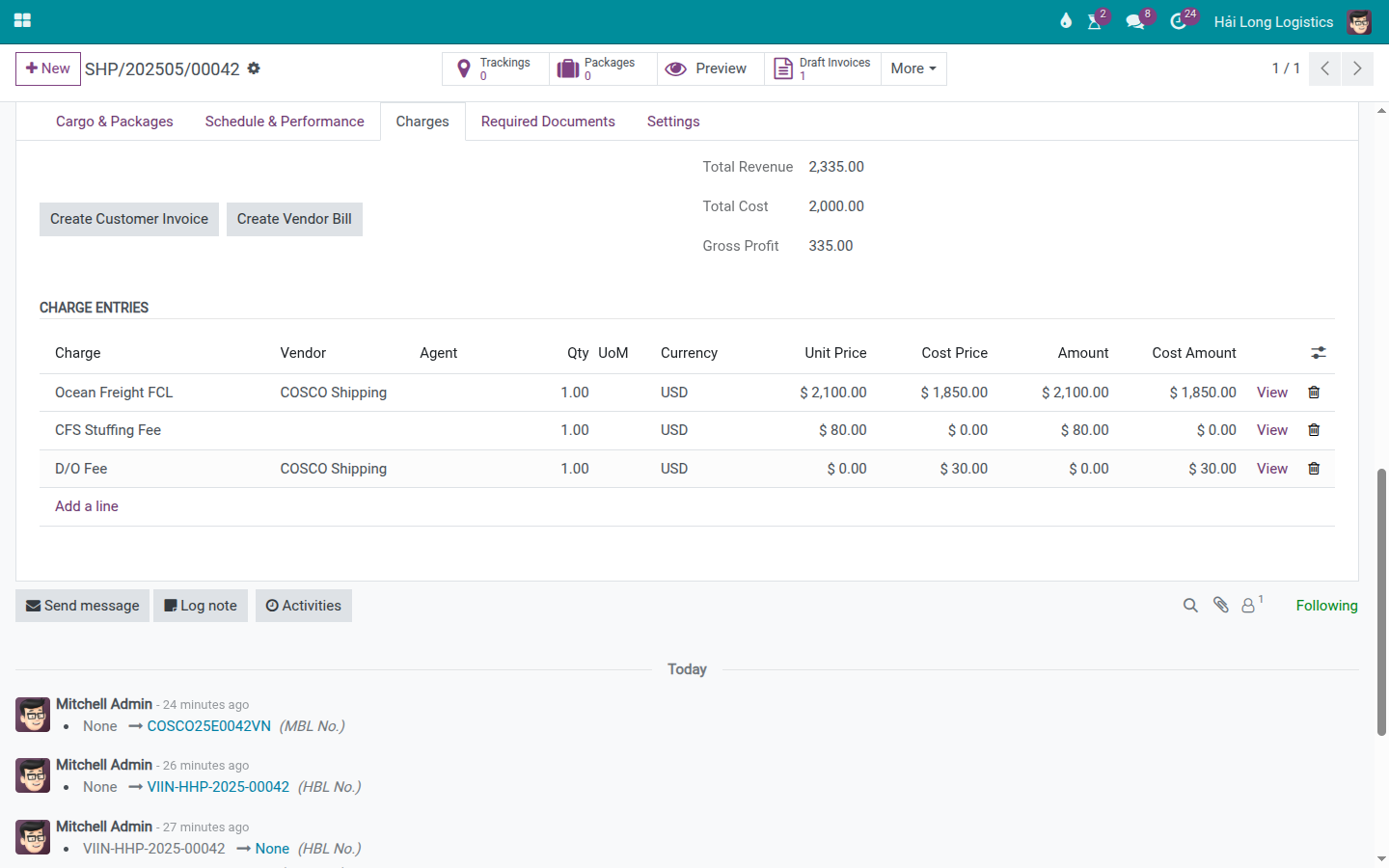 Charges tab comparing lines with different sell and cost price combinations to illustrate revenue, cost, and gross profit calculation.