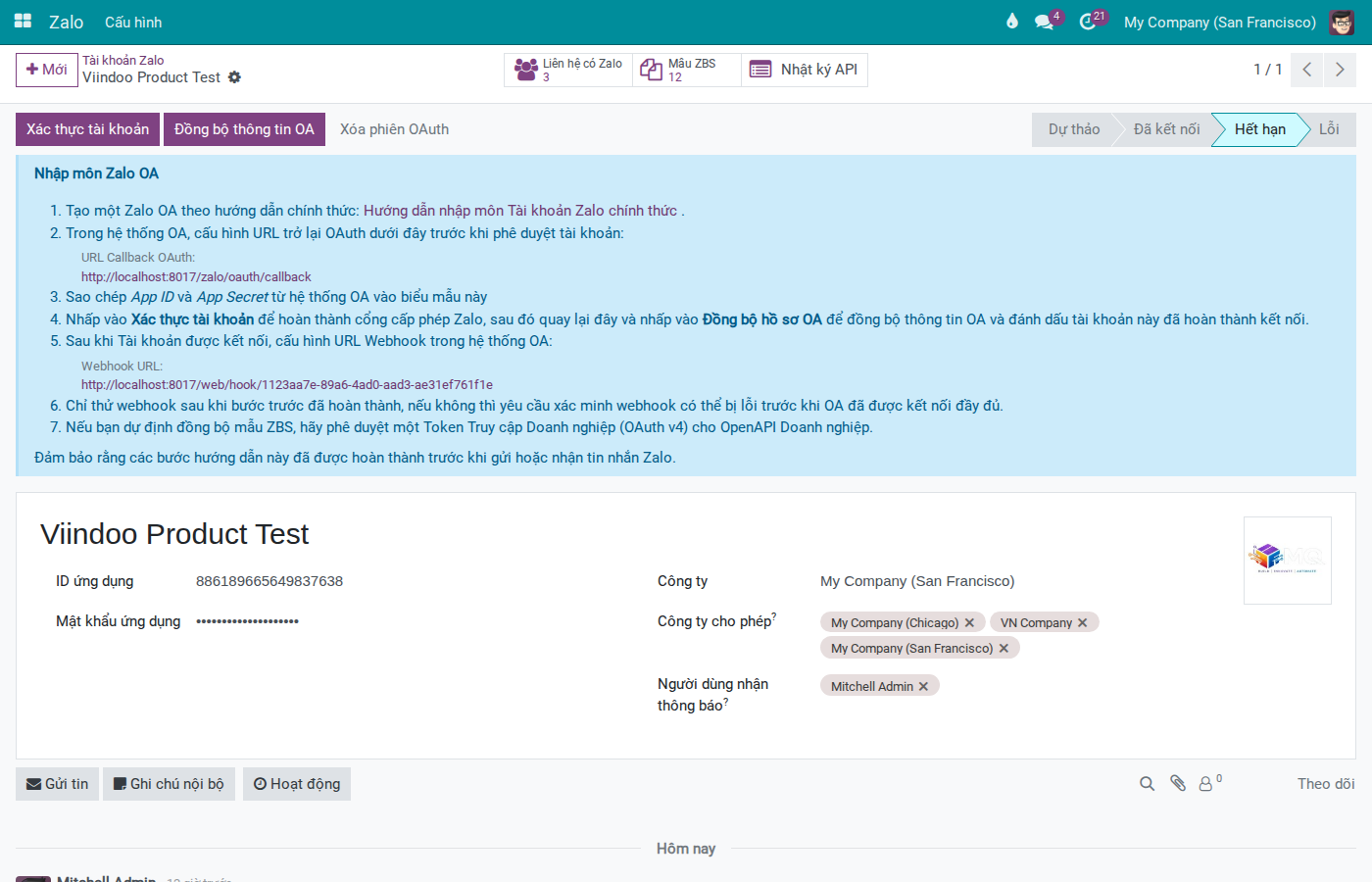 Form tài khoản OA hiển thị trạng thái kết nối, token và khu vực authorize