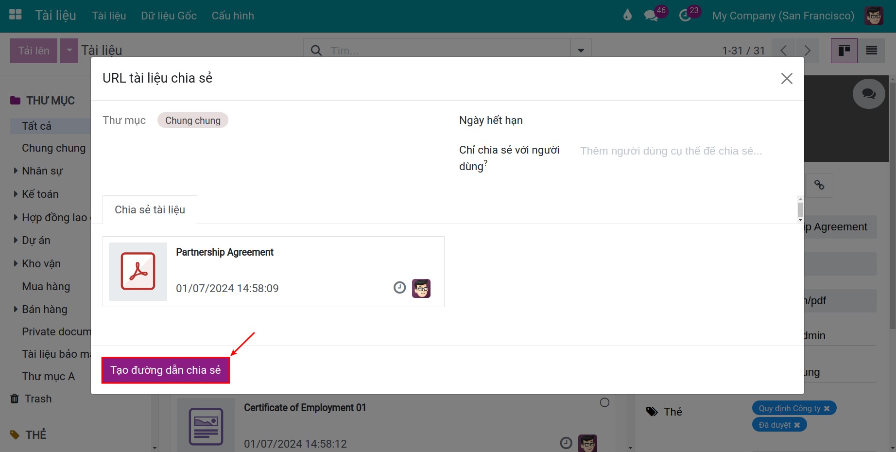 Tạo đường dẫn chia sẻ tài liệu trong Viindoo